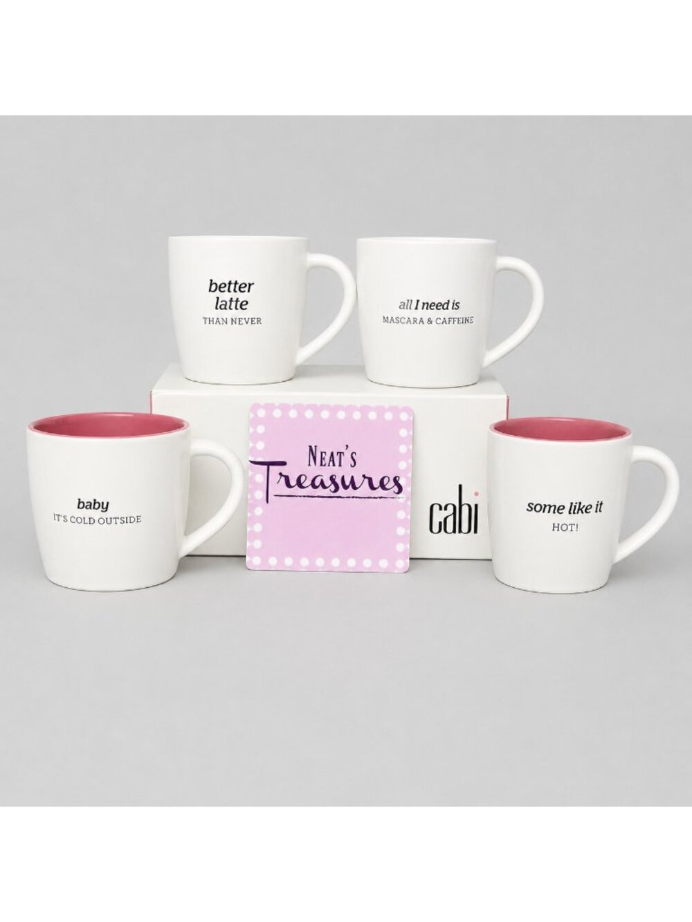 Cabi BETTER LATTE , ALL I NEED + More White Pink 14 oz Coffee Mug Cup Set 4 NEW